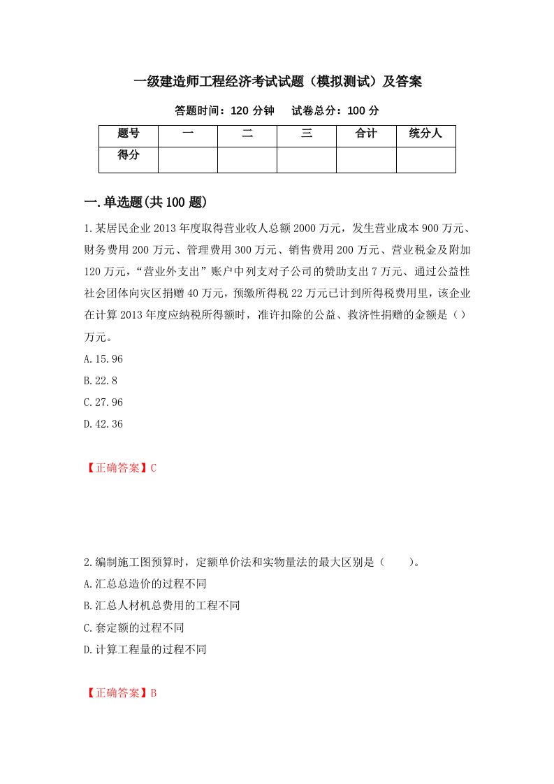 一级建造师工程经济考试试题模拟测试及答案第28版