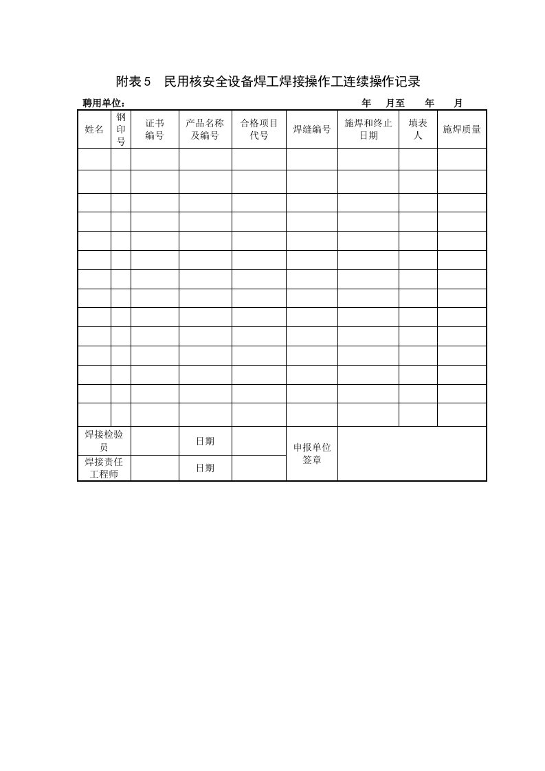 附表5民用核安全设备焊工焊接操作工连续操作记录