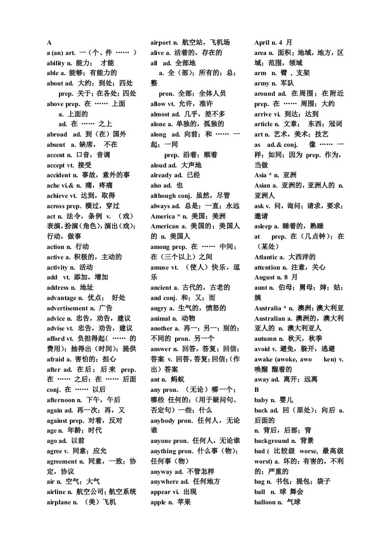 初中英语1600个词组、单词(带中文)