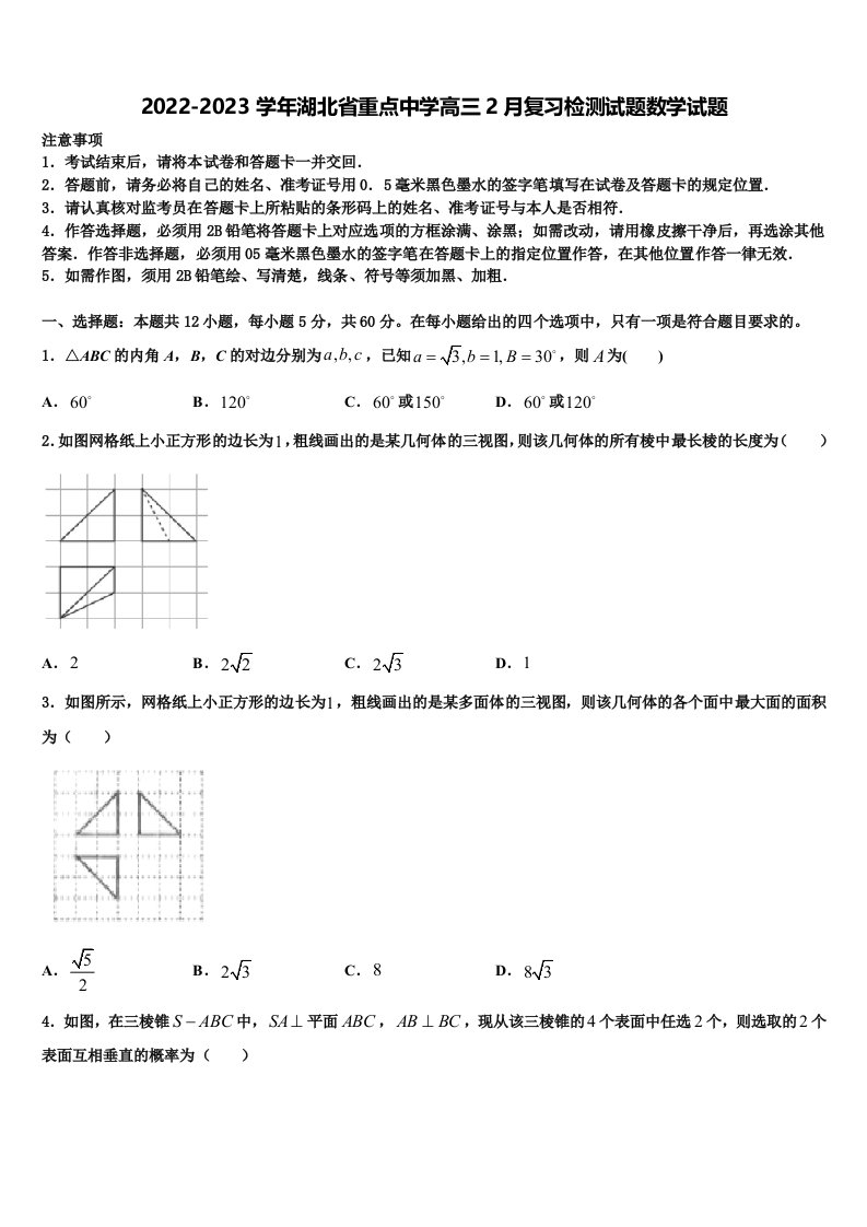 2022-2023学年湖北省重点中学高三2月复习检测试题数学试题