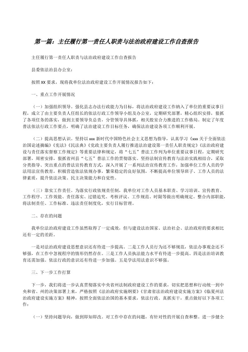 主任履行第一责任人职责与法治政府建设工作自查报告[5篇][修改版]