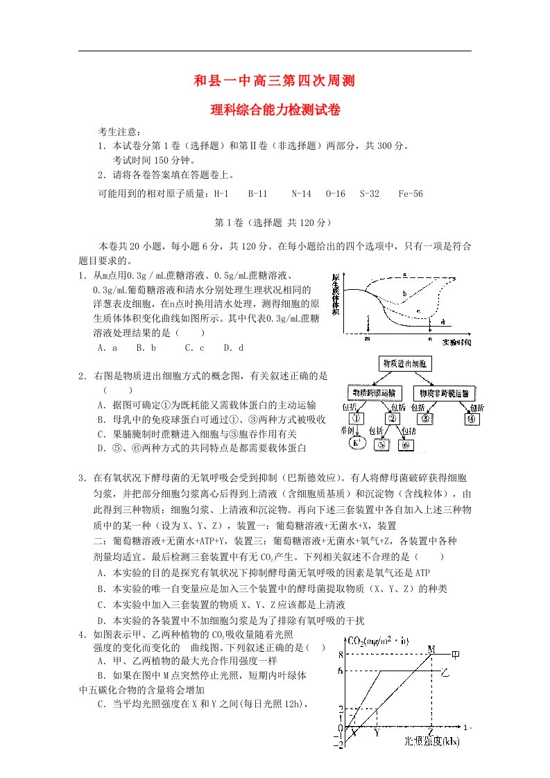 安徽省和县一中高三理综上学期第四次周检测试题