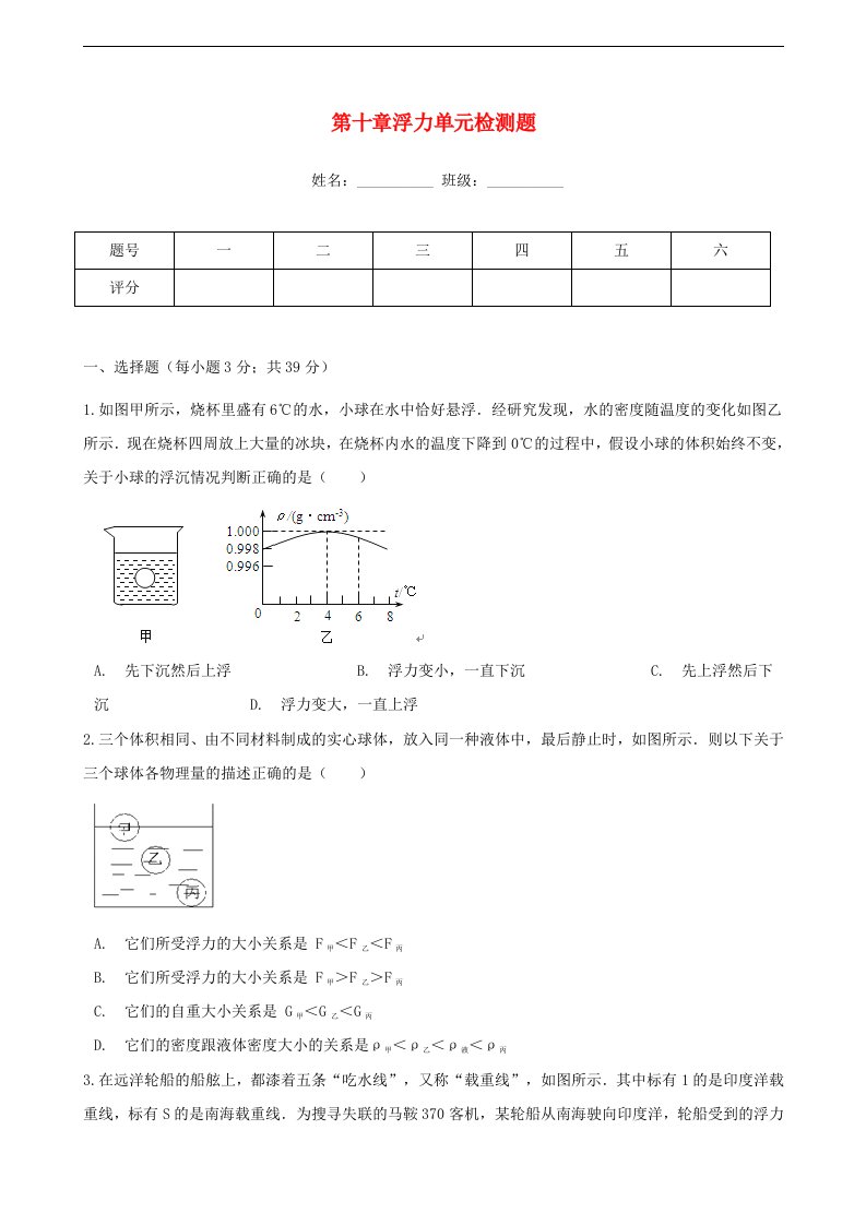 八年级物理下册第十章《浮力》单元综合检测题（新版）新人教版