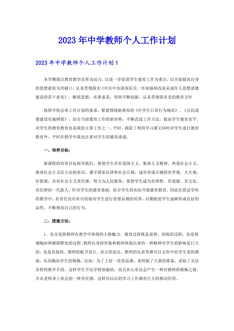 2023年中学教师个人工作计划