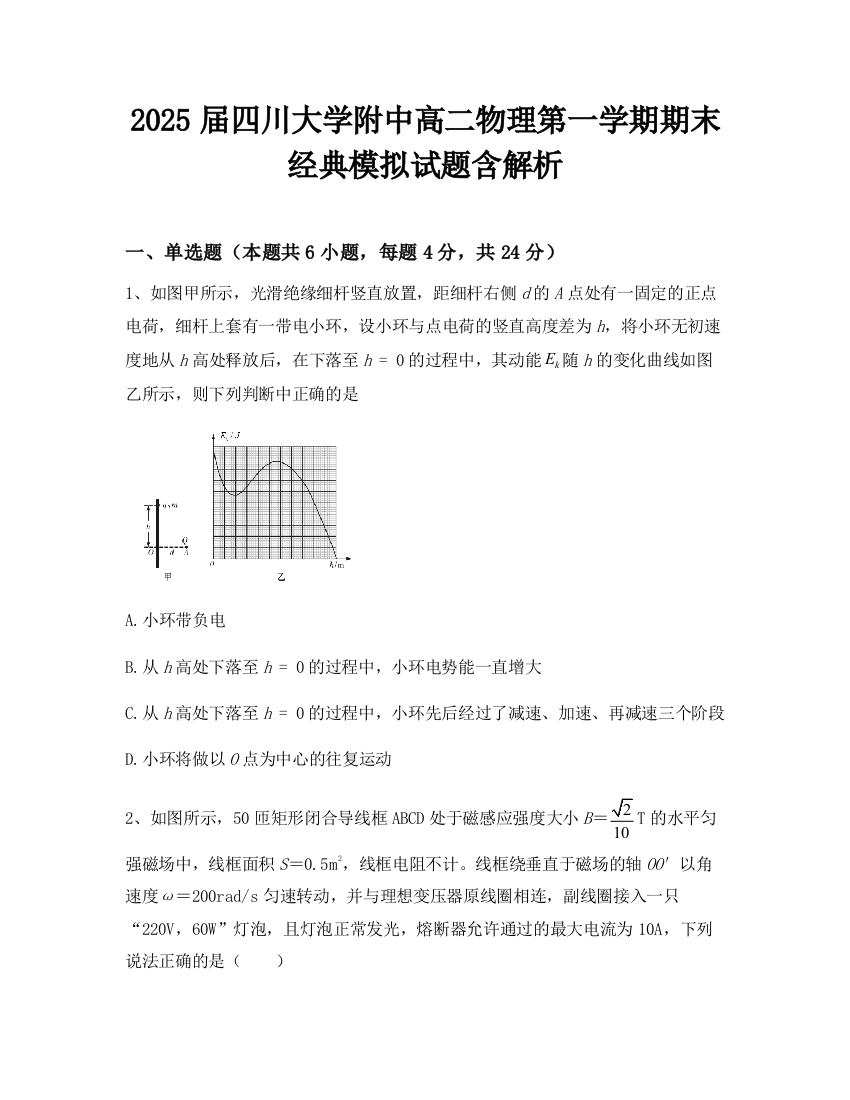 2025届四川大学附中高二物理第一学期期末经典模拟试题含解析