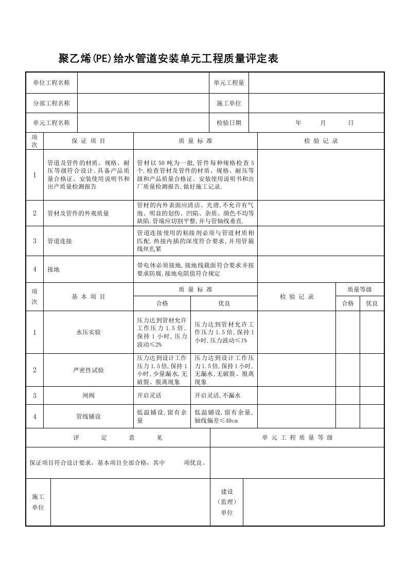 JS-2聚乙烯PE给水管道安装单元工程质量评定表