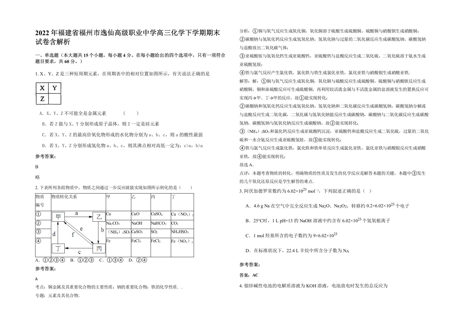 2022年福建省福州市逸仙高级职业中学高三化学下学期期末试卷含解析