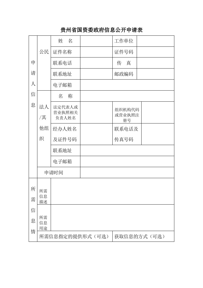 贵州省国资委政府信息公开申请表