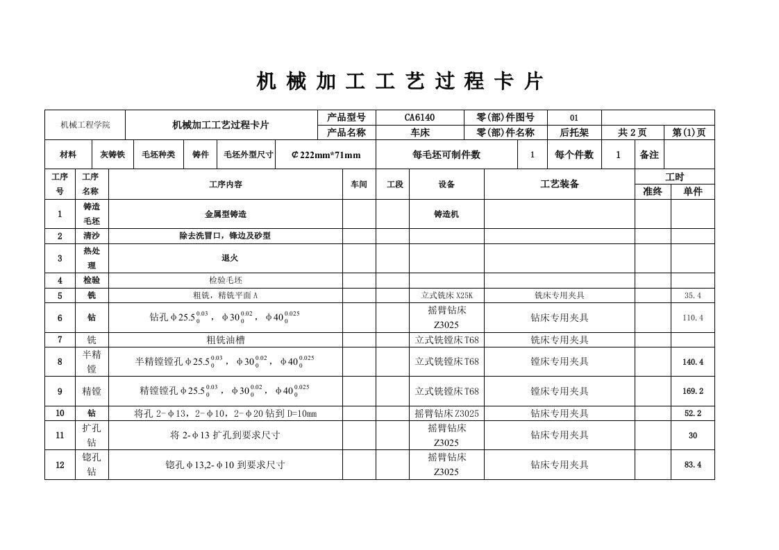 CA6140车床后托架工艺加工卡片以及过程卡片