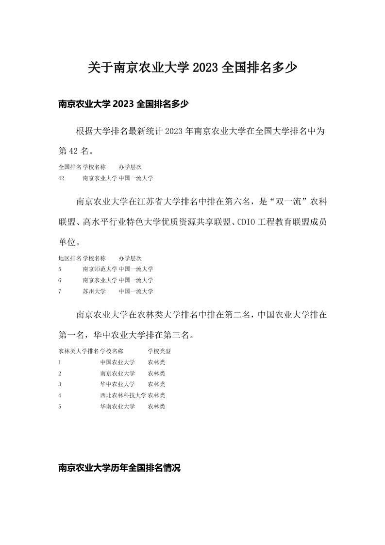 关于南京农业大学2023全国排名多少