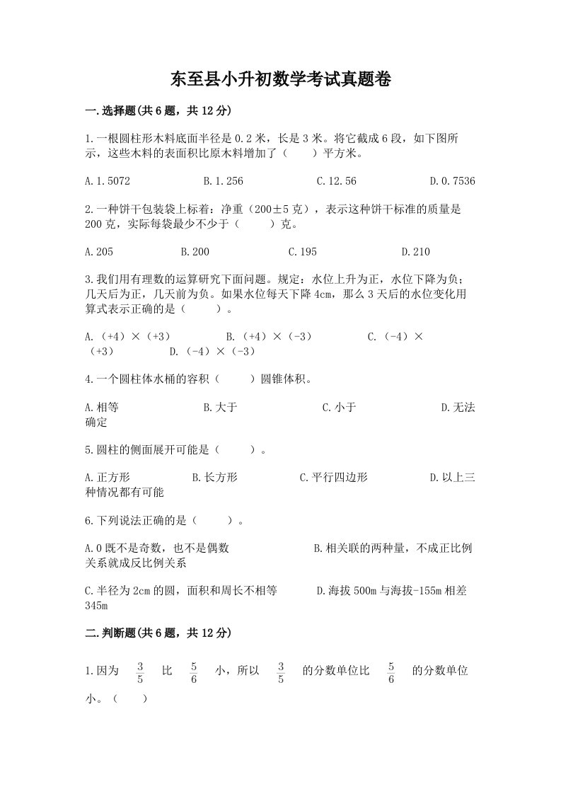 东至县小升初数学考试真题卷新版