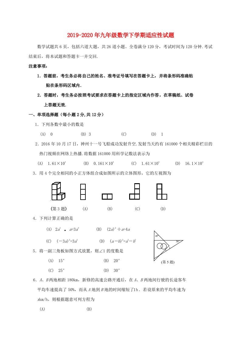 2019-2020年九年级数学下学期适应性试题