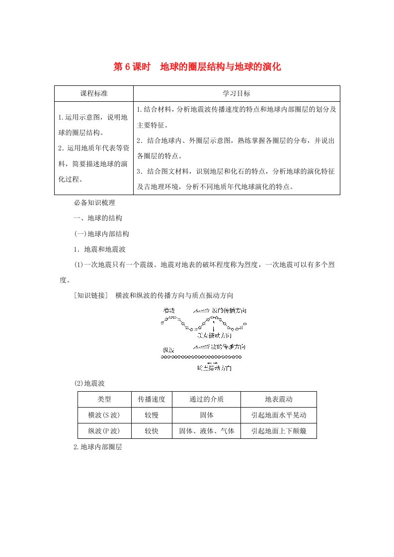 2025版高考地理全程一轮复习学案第一部分自然地理第二章宇宙中的地球第6课时地球的圈层结构与地球的演化湘教版