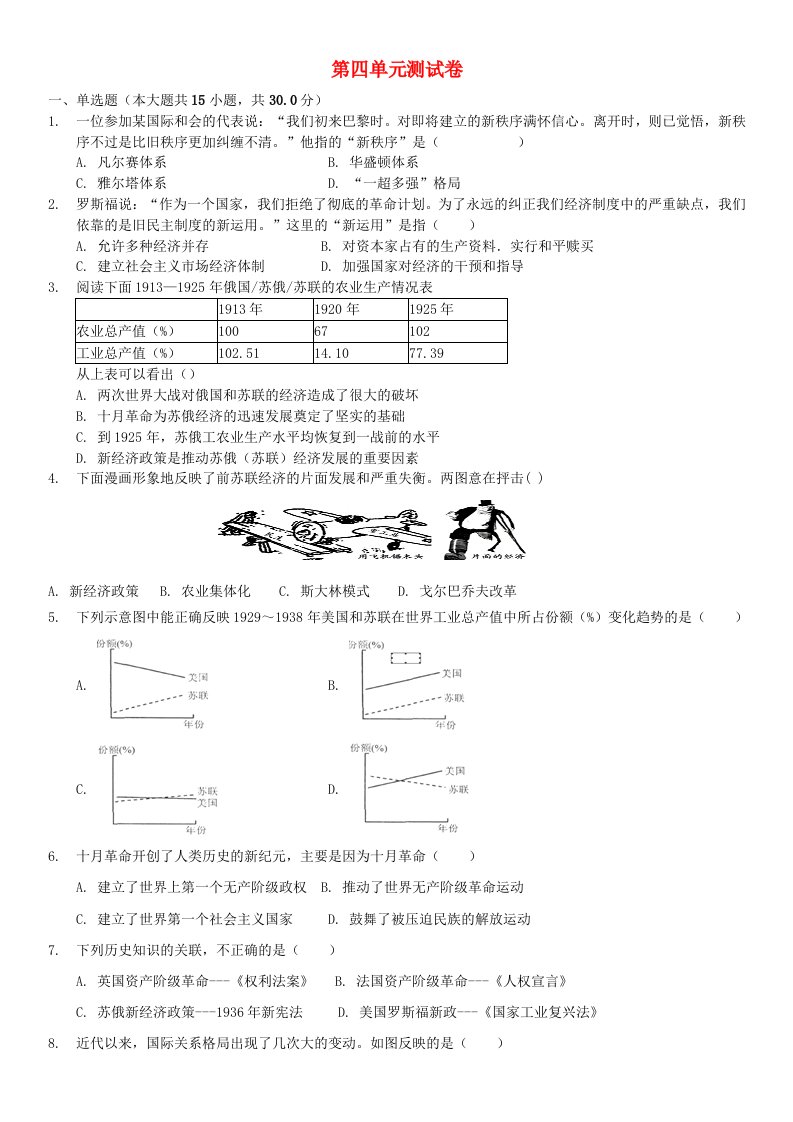 2020-2021学年九年级历史下册第四单元经济危机和第二次世界大战测试卷新人教版