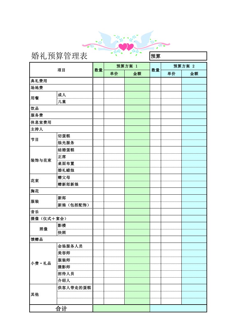 婚礼预算表