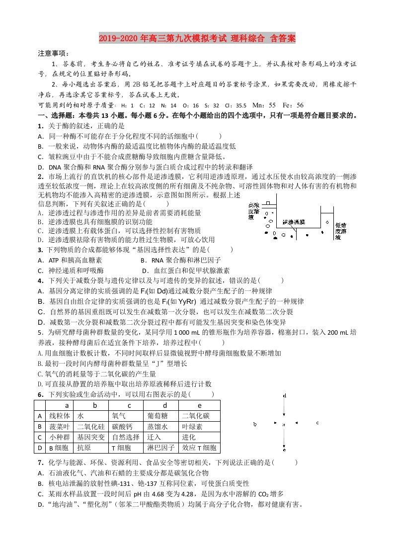 2019-2020年高三第九次模拟考试