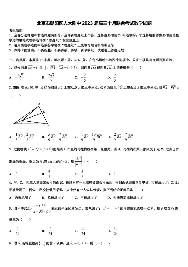 北京市朝阳区人大附中2023届高三十月联合考试数学试题含解析