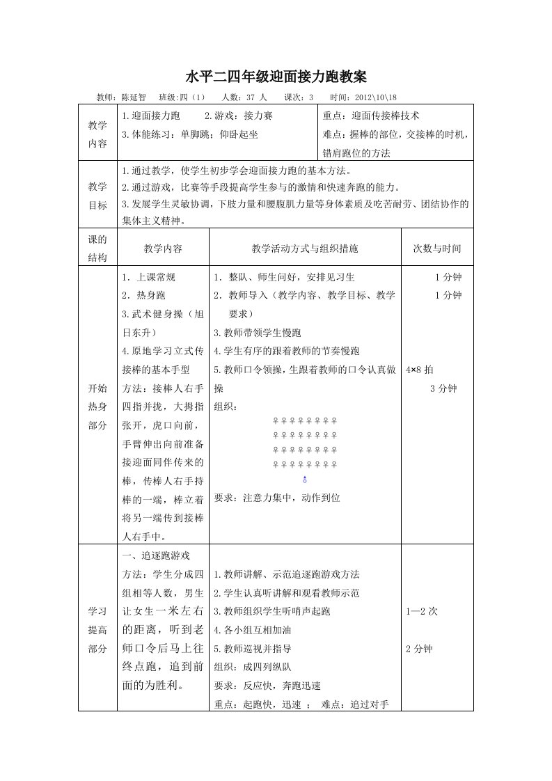 四年级接力跑教案(公开课)