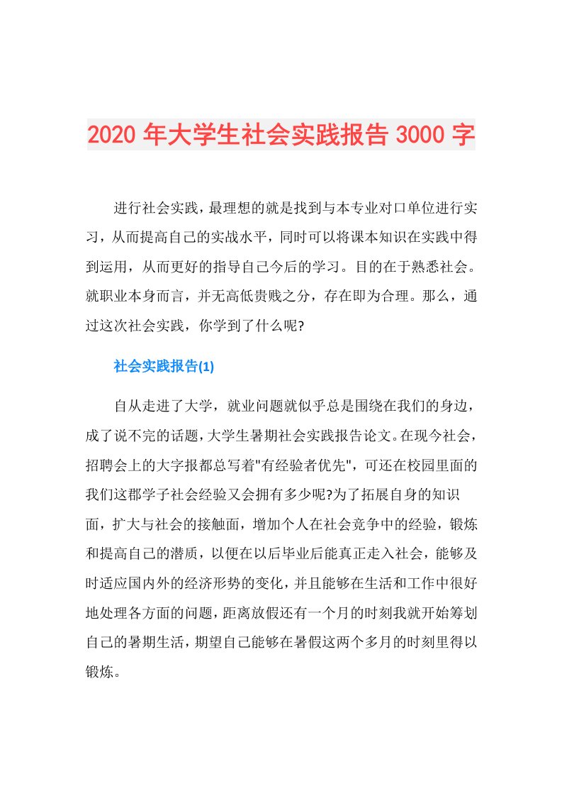 年大学生社会实践报告3000字