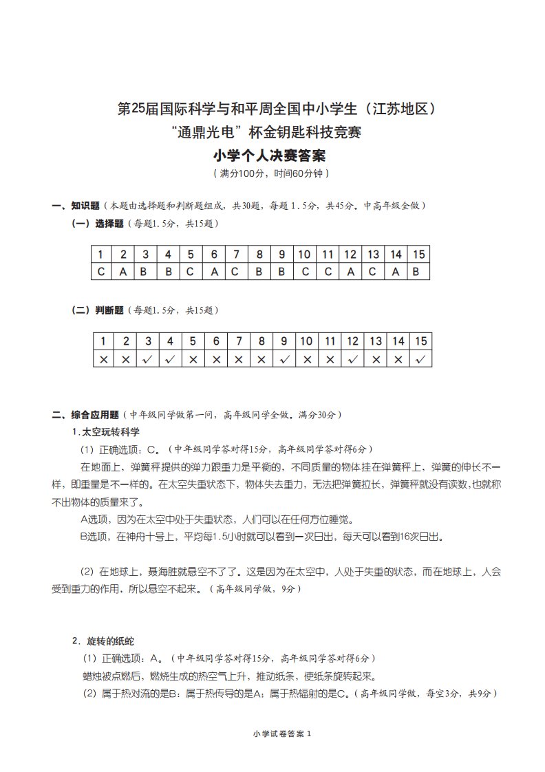 2013年金钥匙科技竞赛个人决赛小学答案