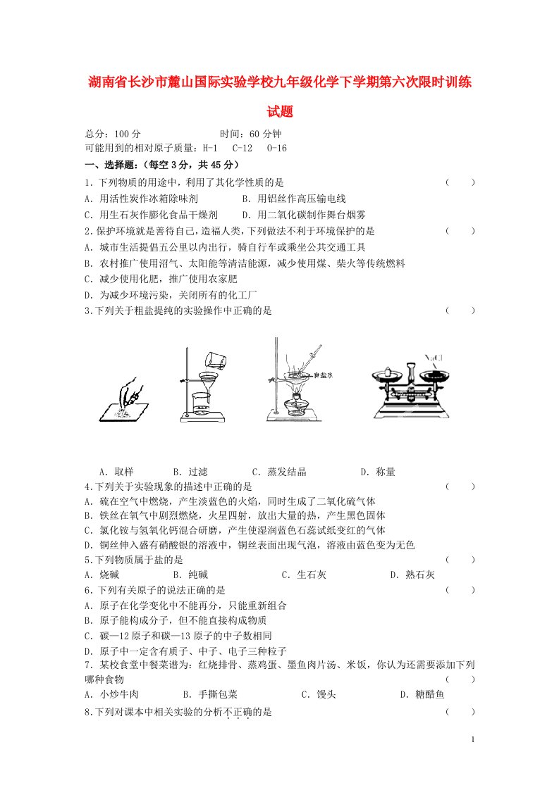 湖南省长沙市麓山国际实验学校九级化学下学期第六次限时训练试题