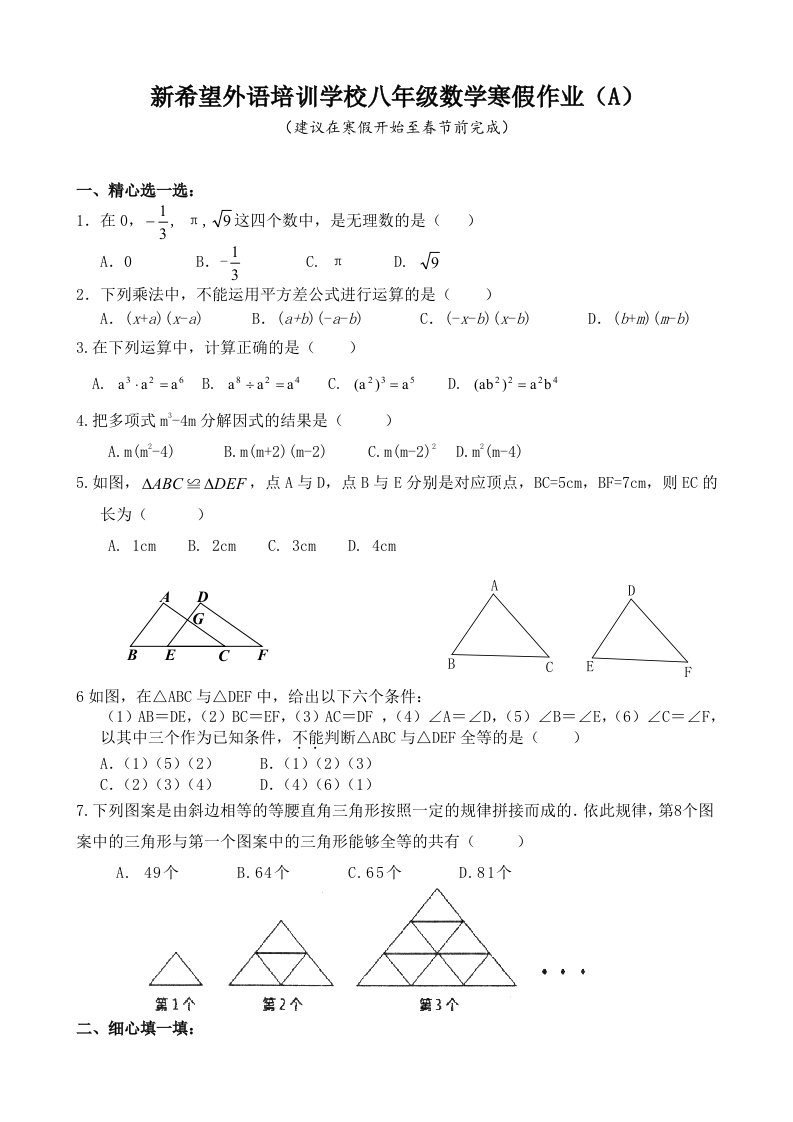 八年级数学寒假作业含答案