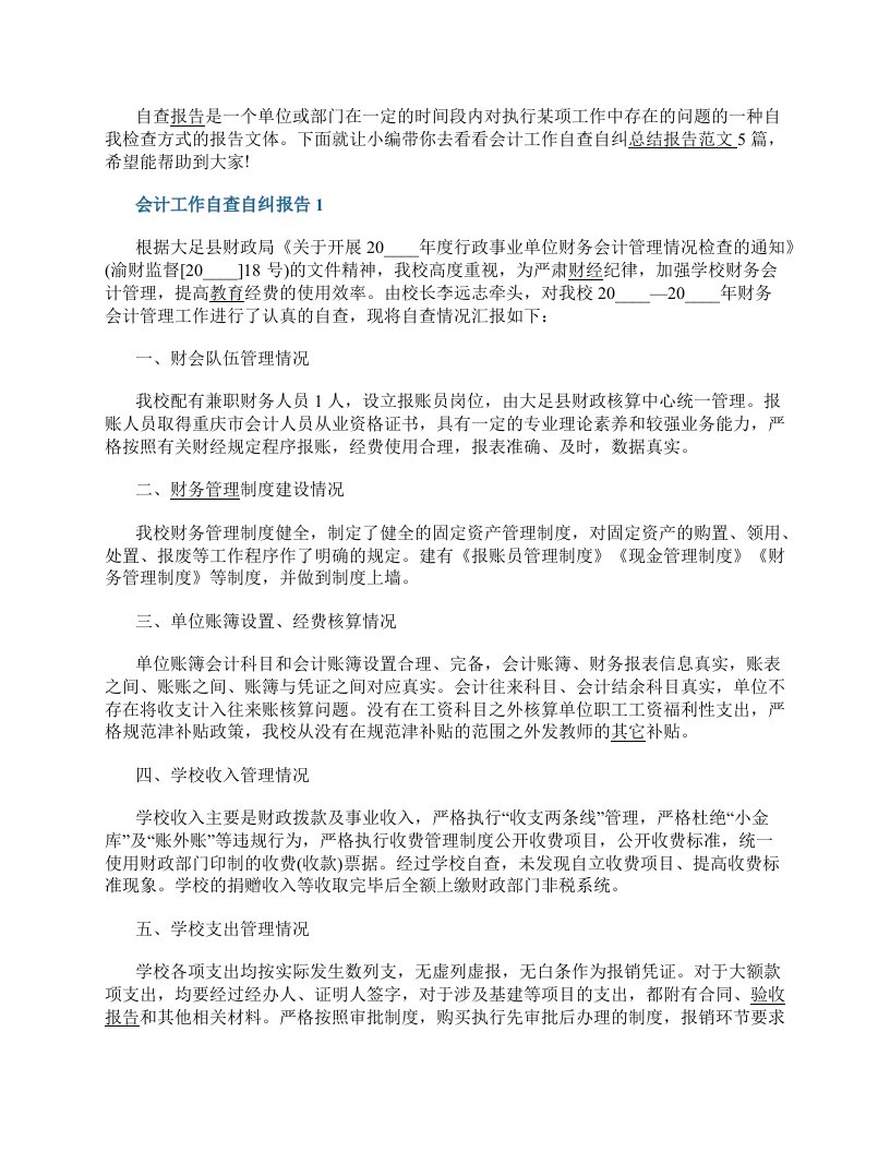 会计工作自查自纠总结报告范文5篇