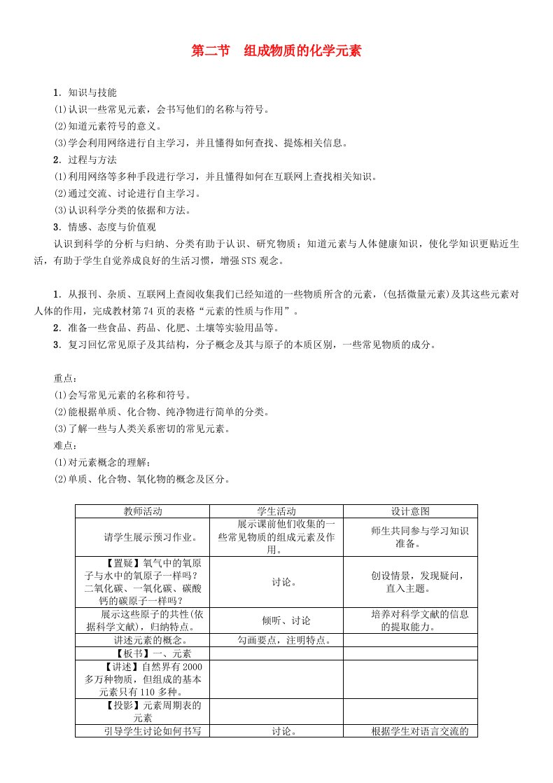 遵义专版九年级化学上册第3章物质构成的奥秘第2节组成物质的化学元素教案沪教版