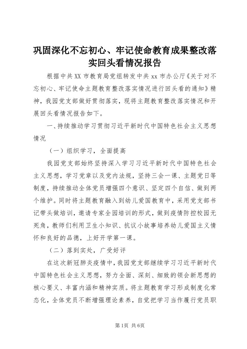 巩固深化不忘初心、牢记使命教育成果整改落实回头看情况报告