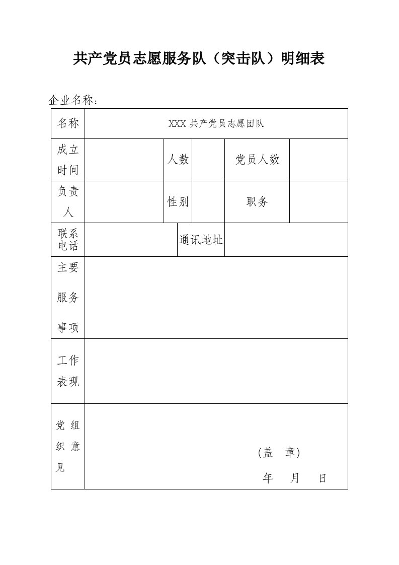 共产党员志愿服务队(突击队)明细表