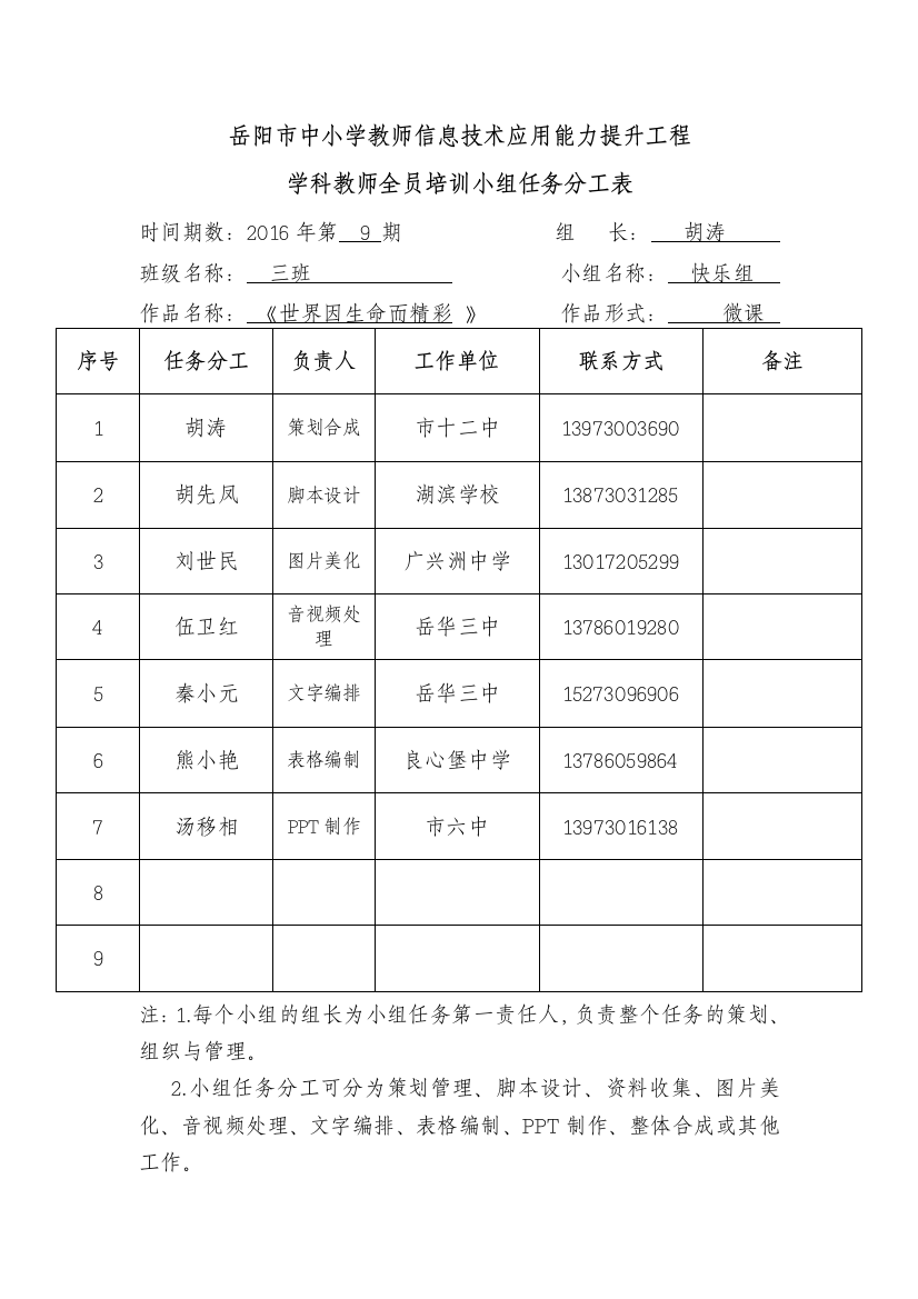 三班二组任务分工表