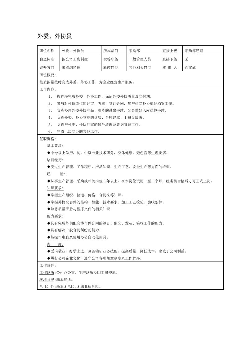 外委、外协员岗位说明书(2页)