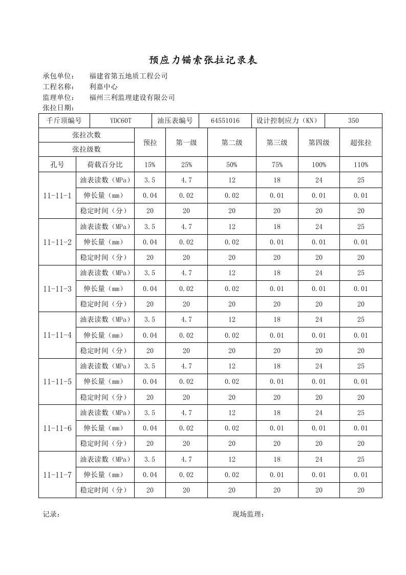 预应力锚索张拉记录表