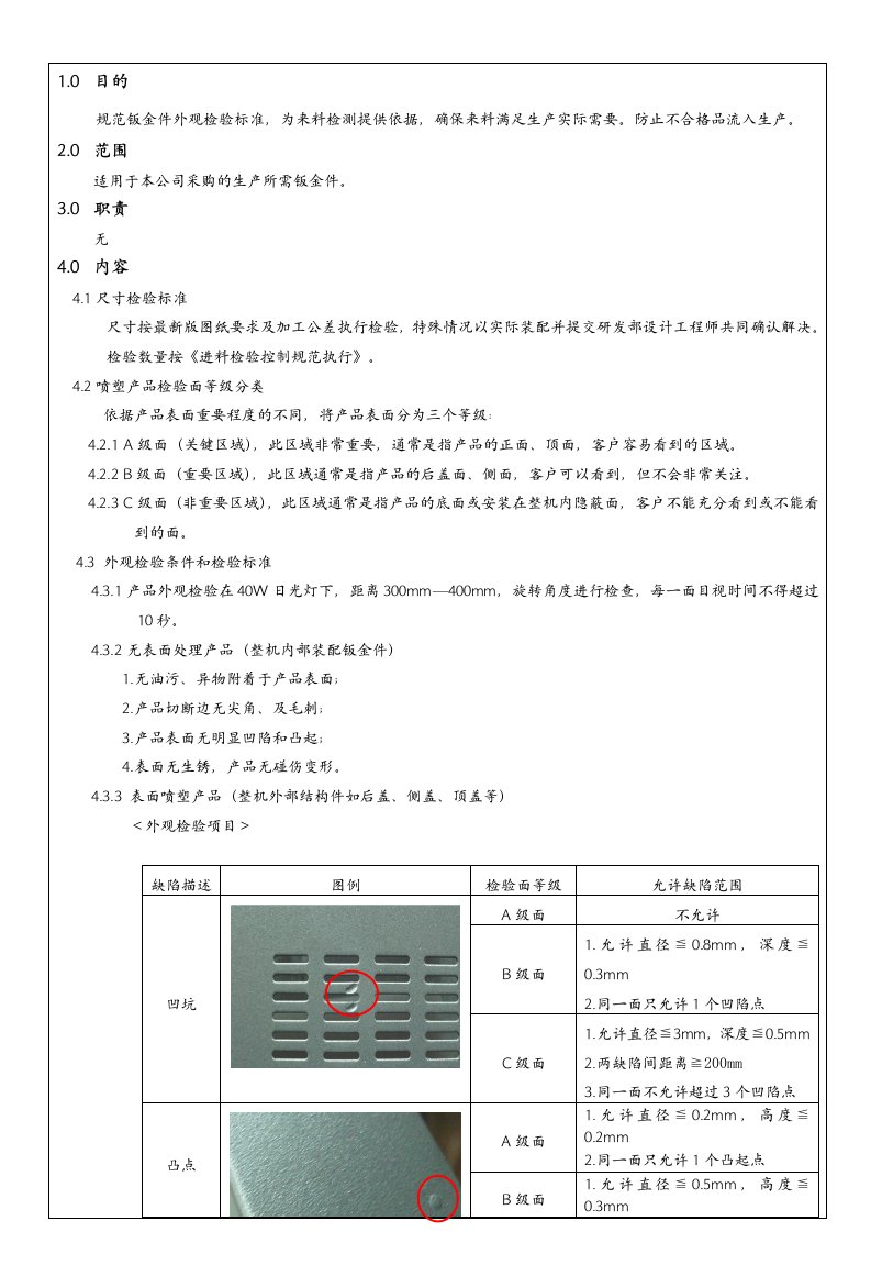 钣金件外观质量检验标准