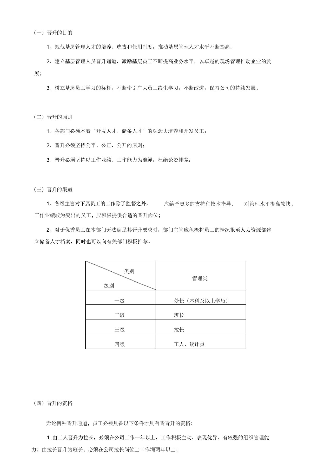 制造型工厂基层管理类员工晋升制度