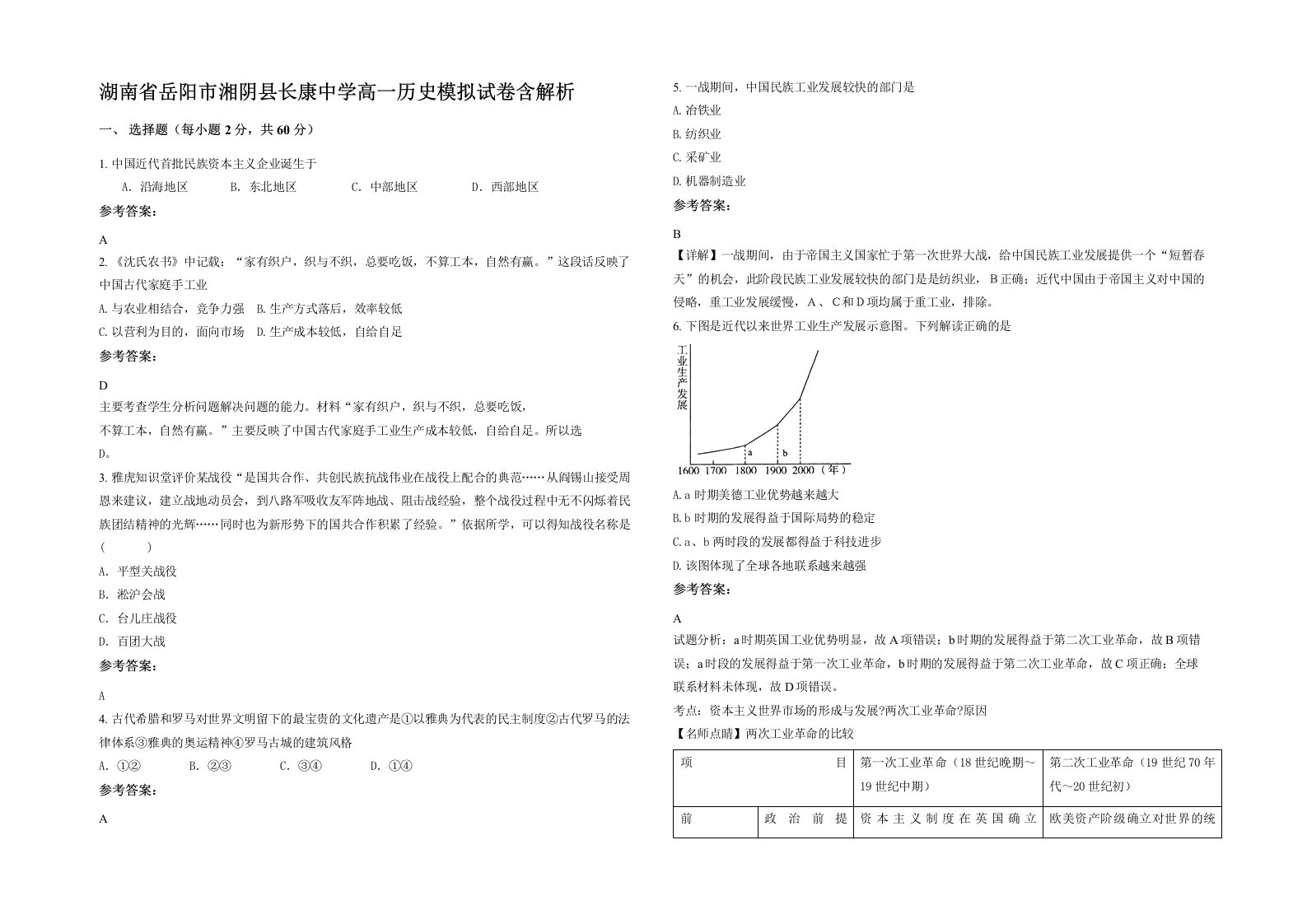 湖南省岳阳市湘阴县长康中学高一历史模拟试卷含解析