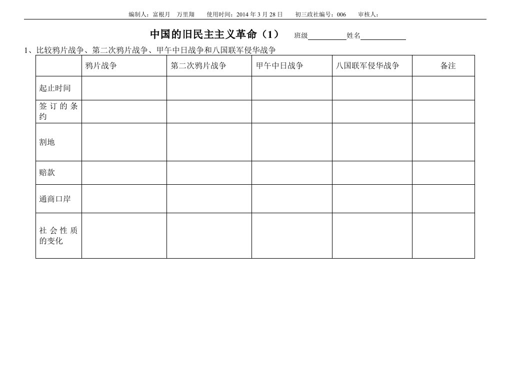 比较鸦片战争、第二次鸦片战争等的表格