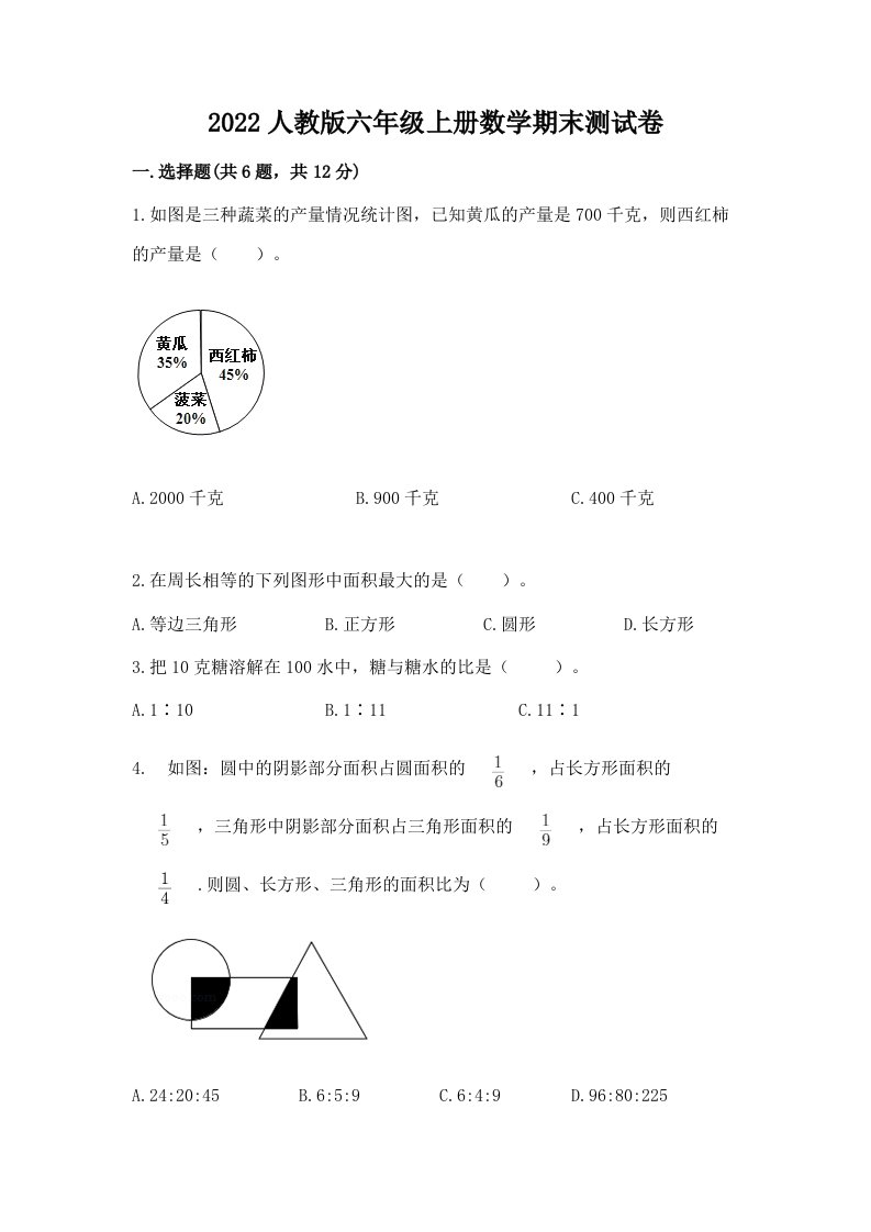 2022人教版六年级上册数学期末测试卷附完整答案【各地真题】