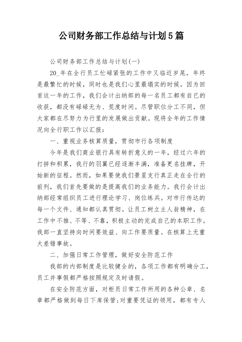 公司财务部工作总结与计划5篇