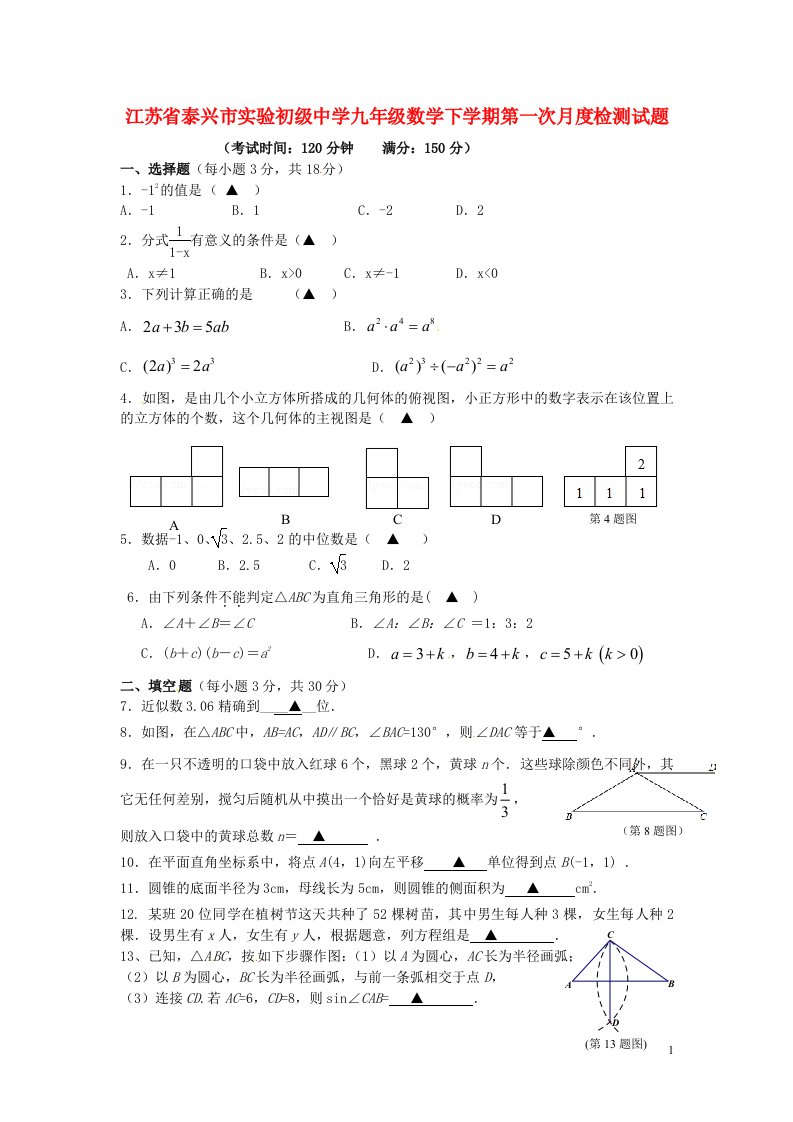 江苏省泰兴市实验初级中学九级数学下学期第一次月度检测试题