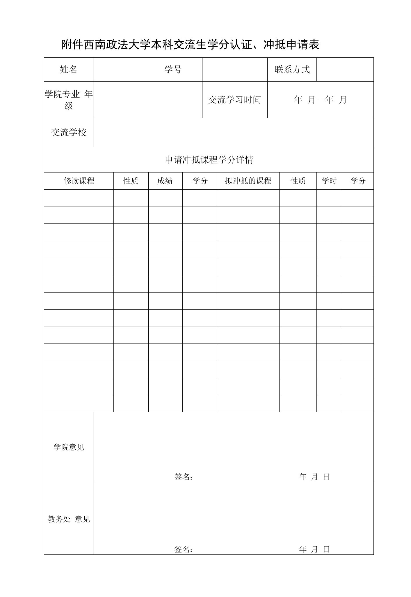 西南政法大学本科交流生学分认证、冲抵申请表