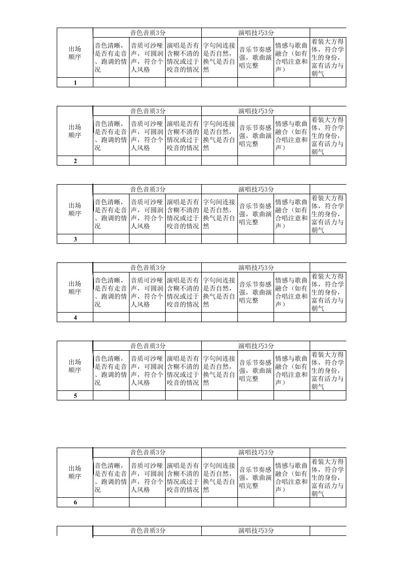 校园歌手大赛评分表