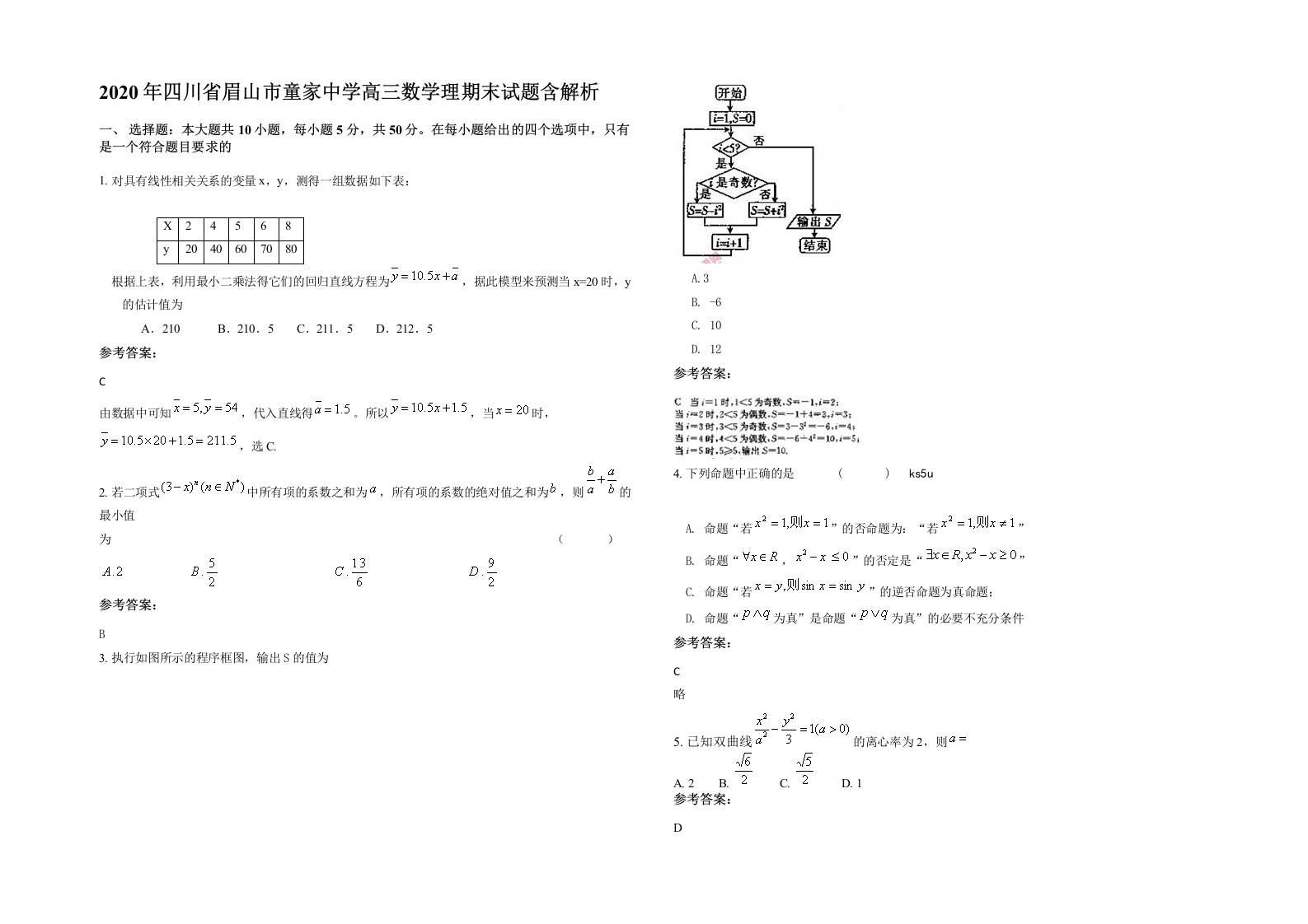 2020年四川省眉山市童家中学高三数学理期末试题含解析