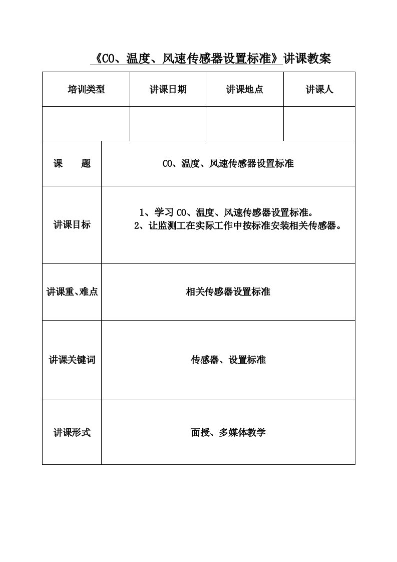 CO温度风速传感器的设置标准样稿