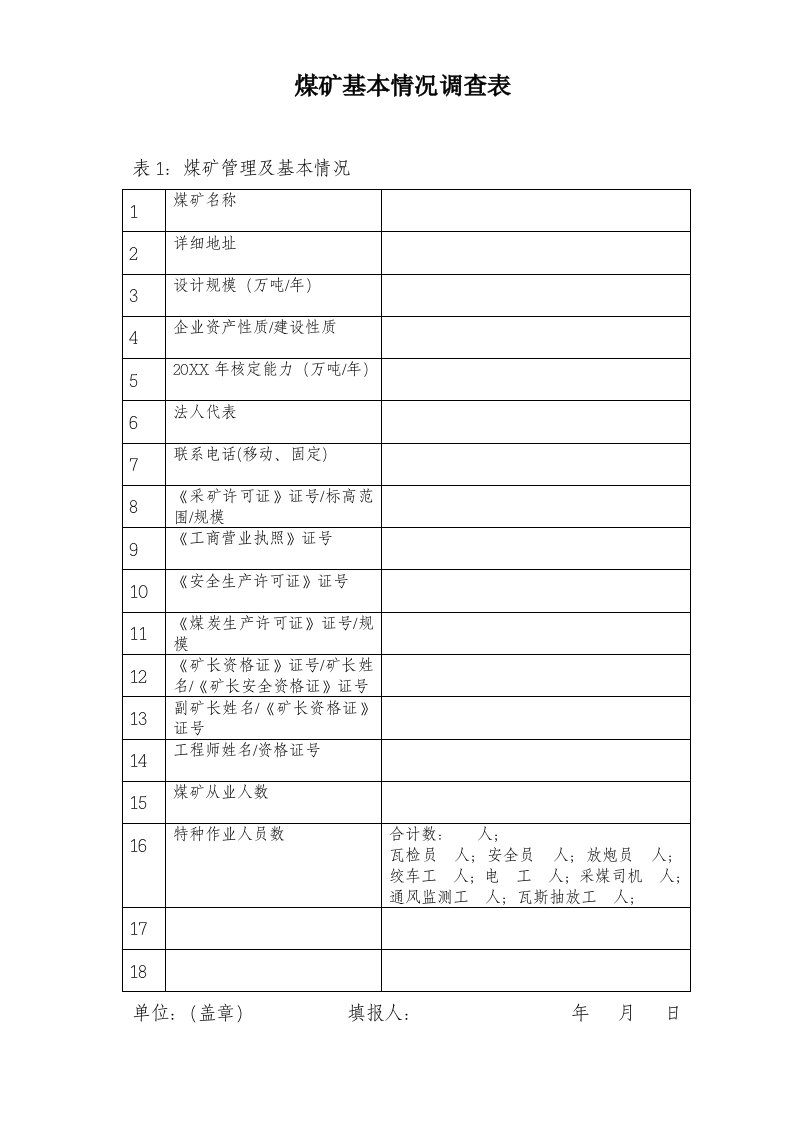 冶金行业-煤矿基本情况调查表