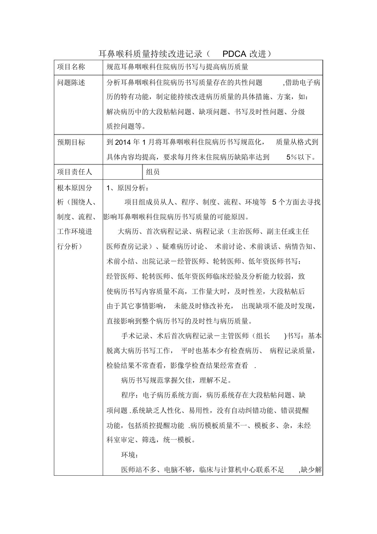 耳鼻喉科质量持续改进记录(PDCA改进)