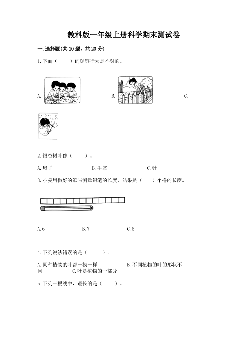 教科版一年级上册科学期末测试卷带答案（b卷）