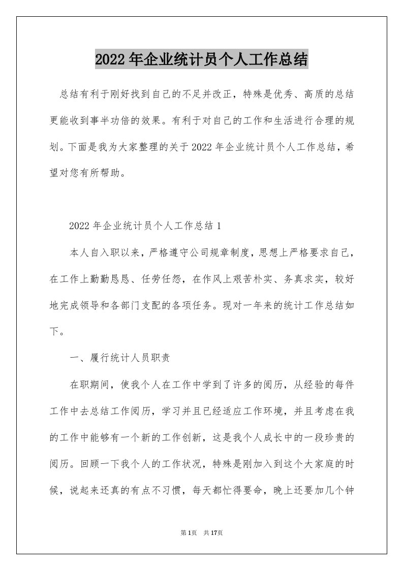 2022年企业统计员个人工作总结