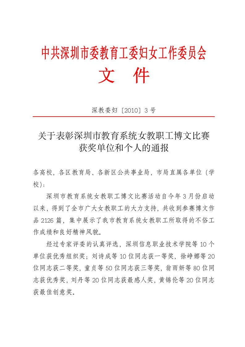 关于表彰深圳市教育系统女教职工博文比赛优秀组织单位和个人的决