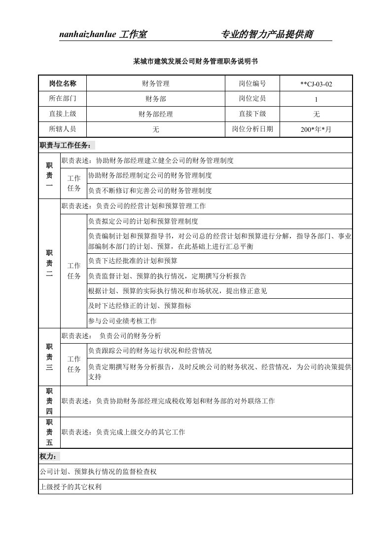 精选某城市建筑发展公司财务管理职务说明书